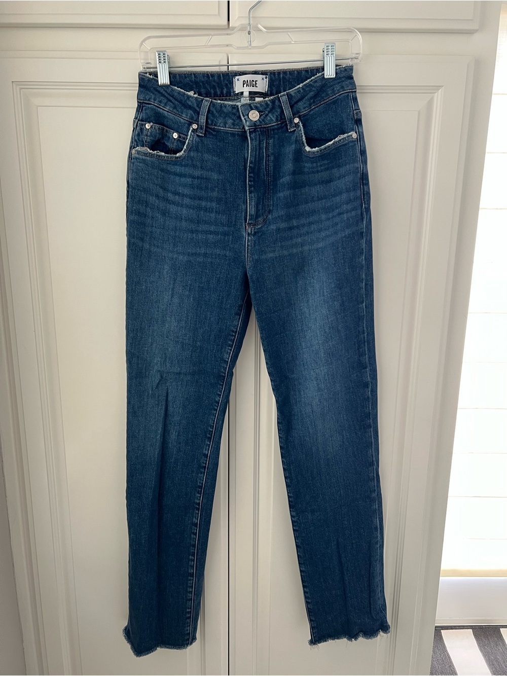 PAIGE Straight Leg Jeans in Dark Blue Denim